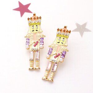 Gold Plated Nutcracker Christmas Soldier Jeweled Rhinestone Earrings NEW Pink